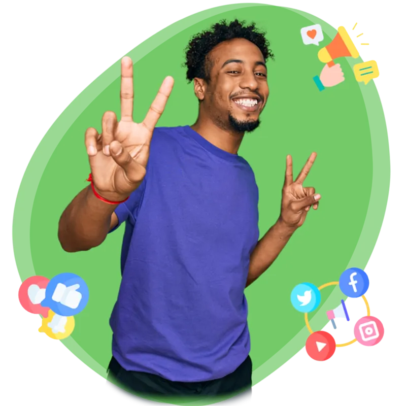 Jovem fazendo sinal de paz, cercado de ícones de redes sociais