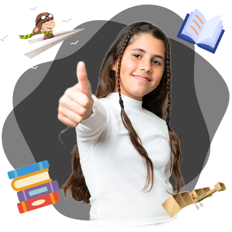 Menina fazendo sinal de positivo, com livros e um avião de papel