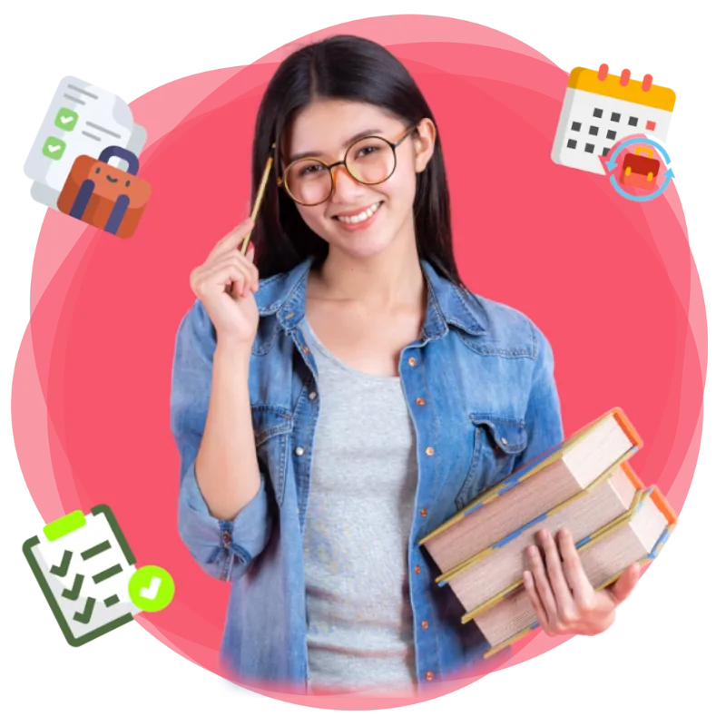 Jovem de óculos segurando livros, com ícones de agenda e currículo