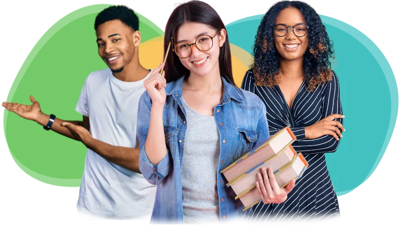 Três jovens sorridentes, um deles segurando livros